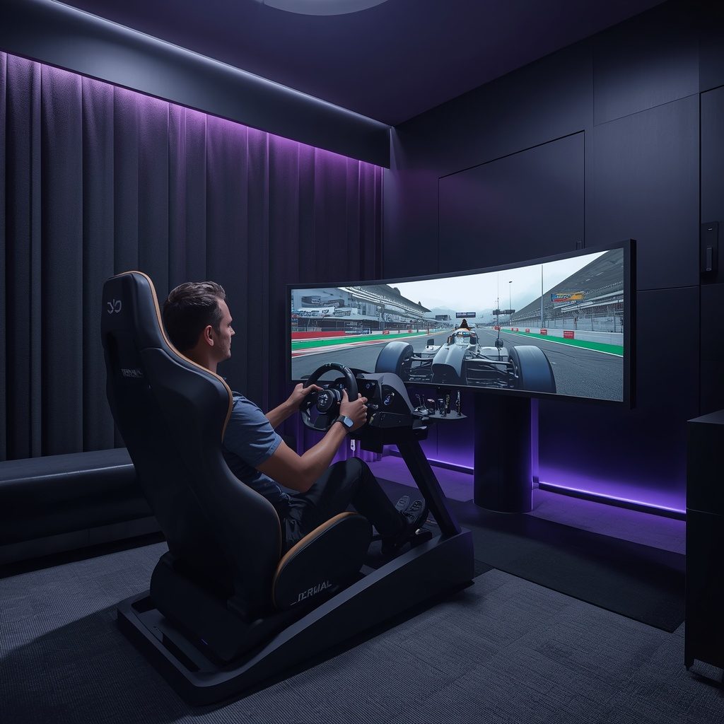 A premium SLICE booth with a wide curved screen set up for a full-ring session